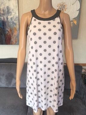 Gilli Grey White Polka Dot Ribbed Tank Dress, Small Size Keyhole